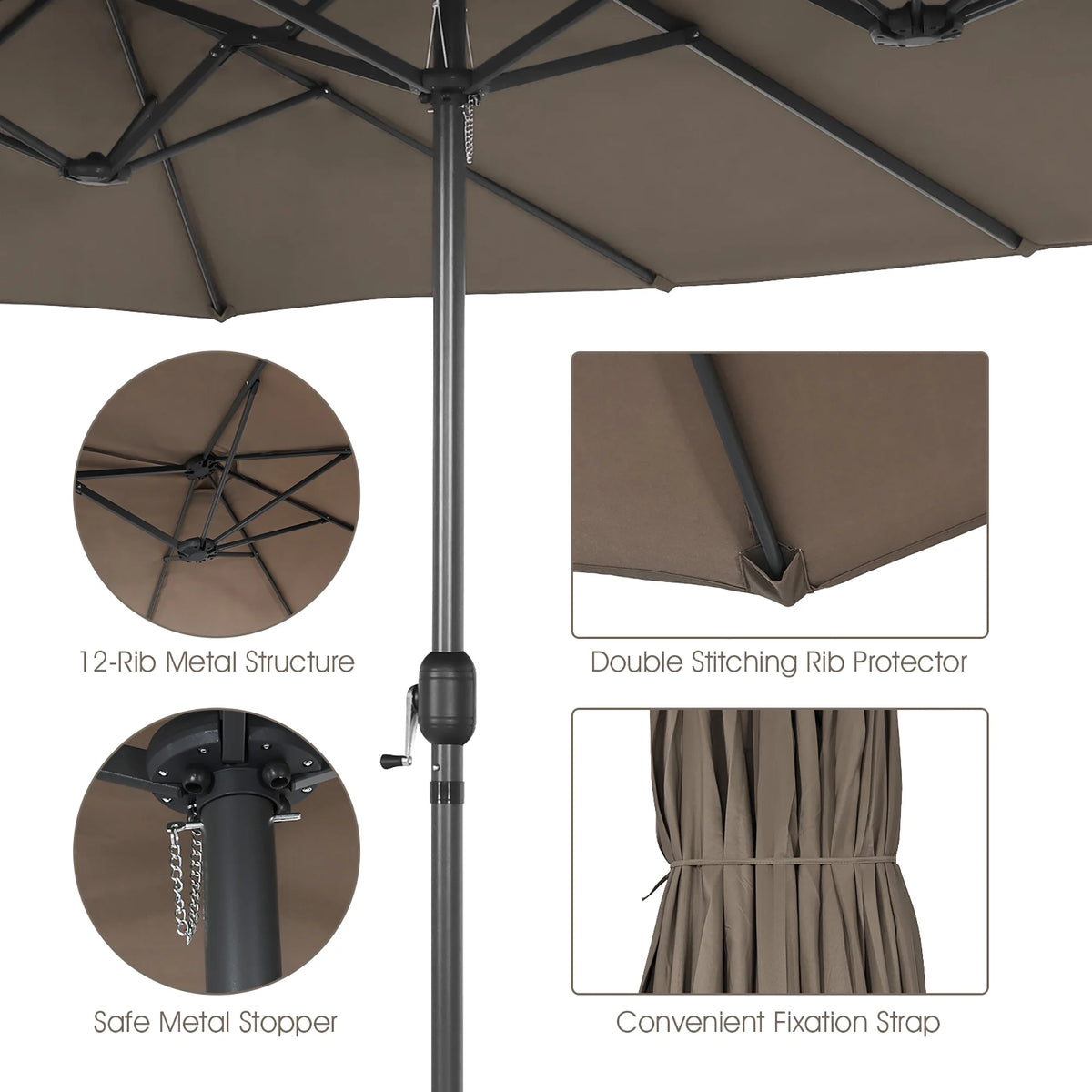 Costway 15ft Beige Patio Double-Sided Umbrella, Crank Lift