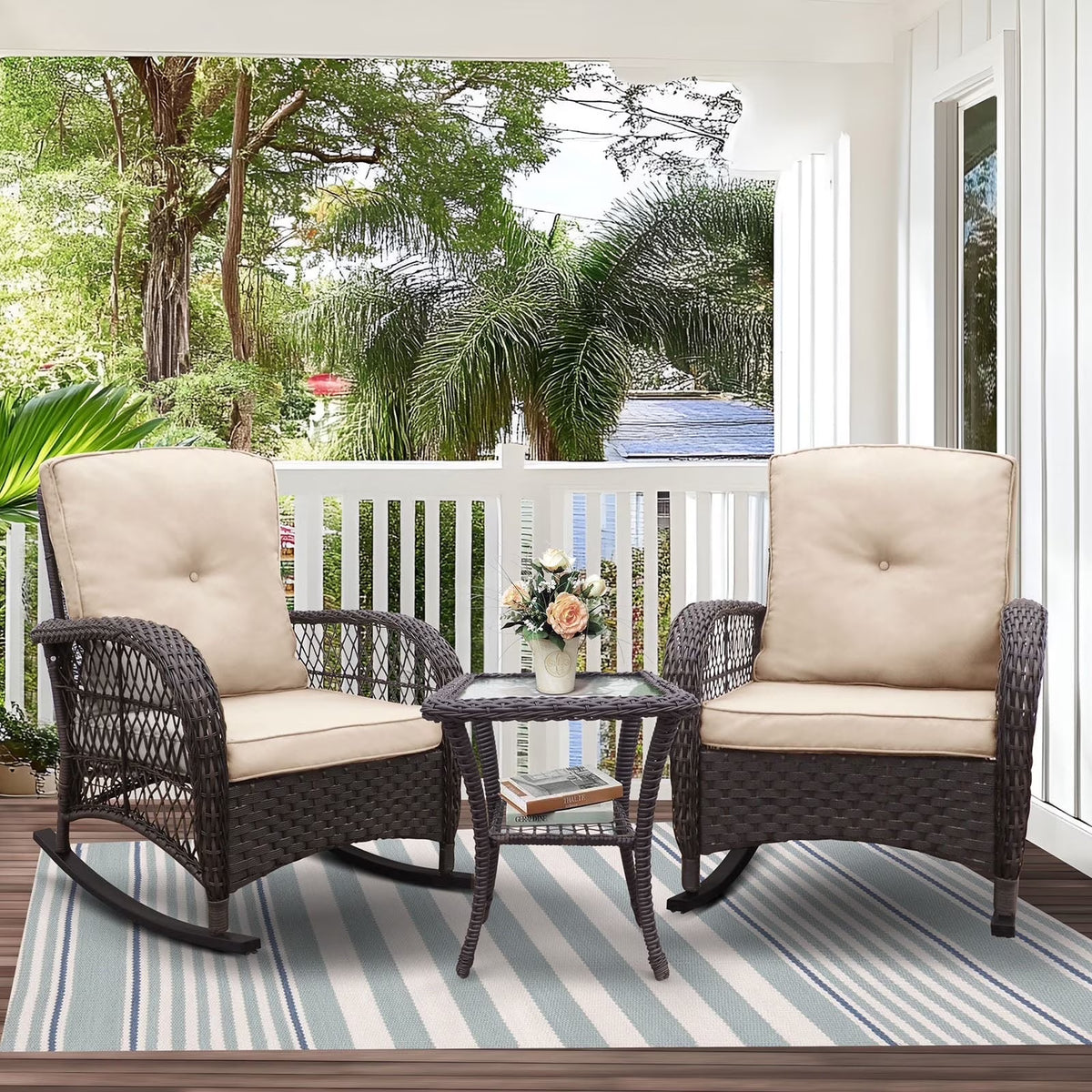 JP Outdoor 3Pcs Outdoor Wicker Rocking Porch Chairs with Coffee Table,Kahki
