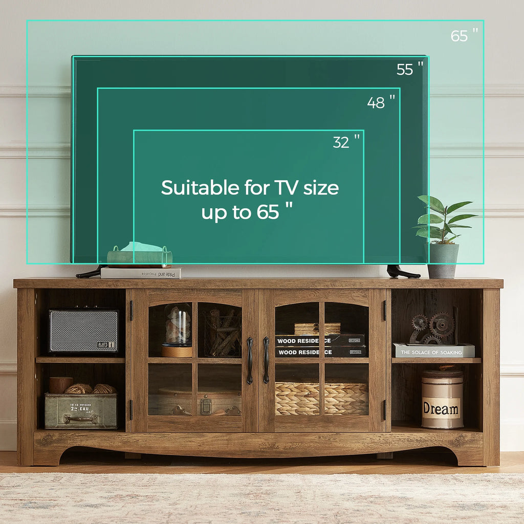 LINSY HOME Modern Farmhouse TV Stand for TVs up to 65",Home Entertainment Center with Storage Cabinet and Adjustable Shelves,Washed Grey & Brown