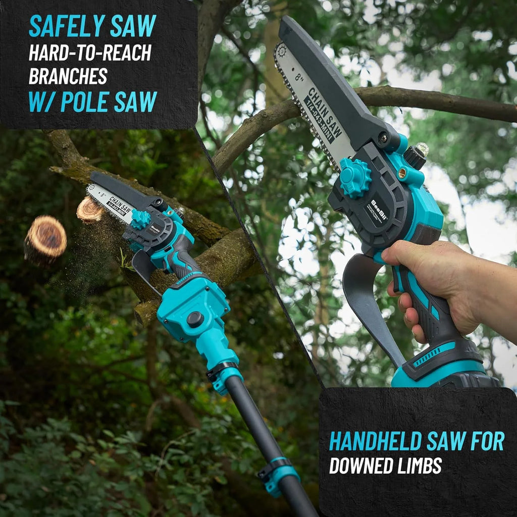 Seesii 2-in-1 Cordless Pole Saw, 8 Inch Brushless Pole Chainsaws Mini Handheld Chainsaw with 2Pcs 21V Batteries, 2x Chains, Auto Oiler, 16FT MAX Extension Pole Saws for Tree Trimming