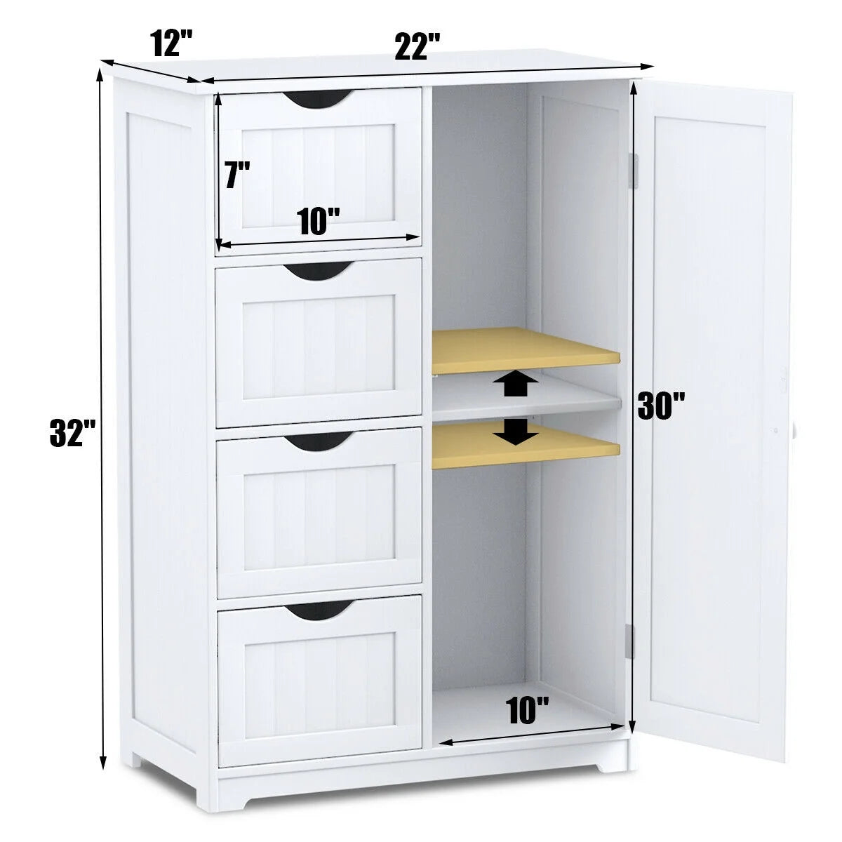 Gymax Bathroom Floor Cabinet Storage Organizer Cupboard w/ 4 Drawers Adjustable Shelf Grey