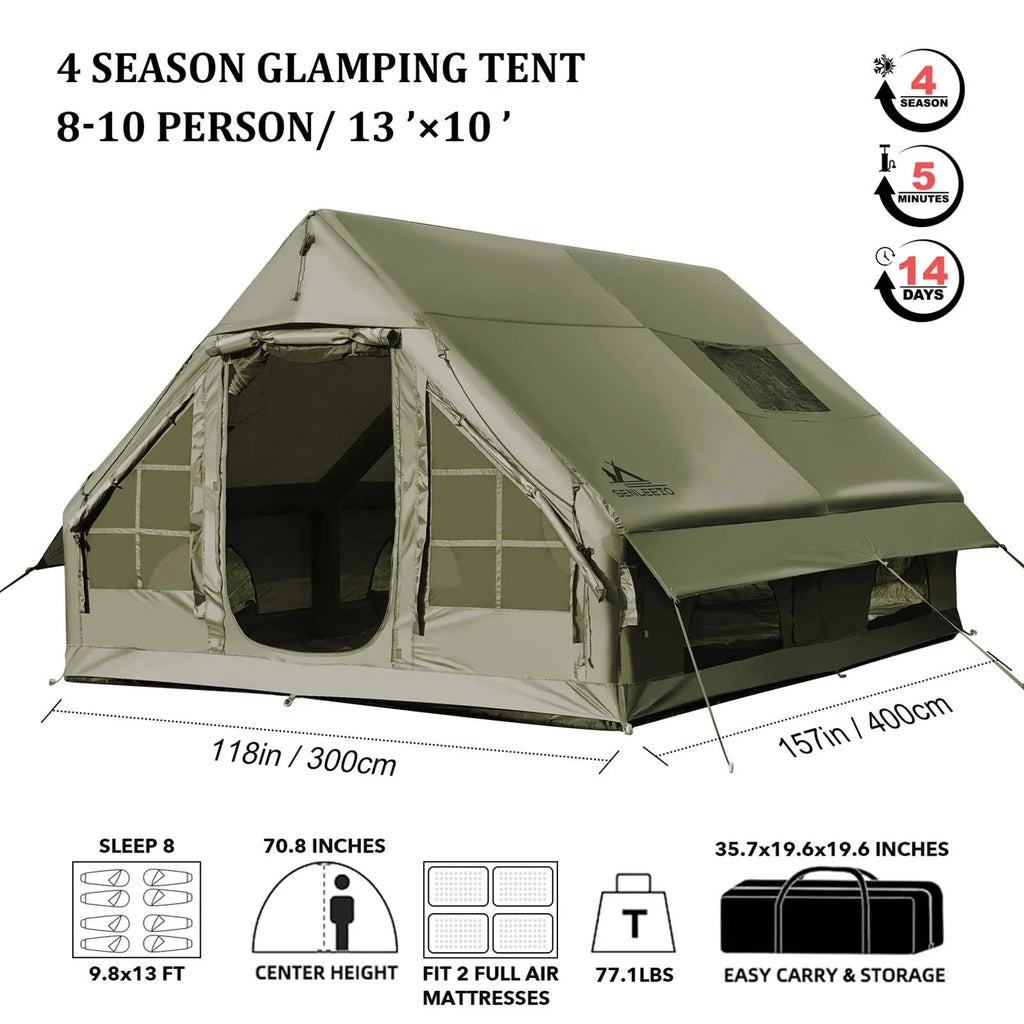 9.8' x 7' Inflatable Camping Tent,4 Season Blow up Tents for Camping, 4-6 Person Inflatable Tent with Stove Jack,Air Tents,Glamping Tent,Waterproof Luxury House with Mesh Window