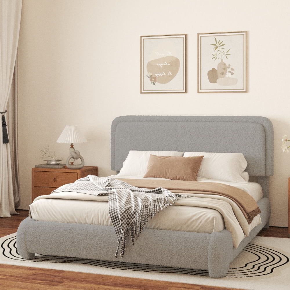 VIPLOV King Size Boucle Bed Frame, Cloud Upholstered Platform Bed with Height Adjustable Headboard & Soft Rounded Corners, No Noise Free, Easy Assembly,Beige