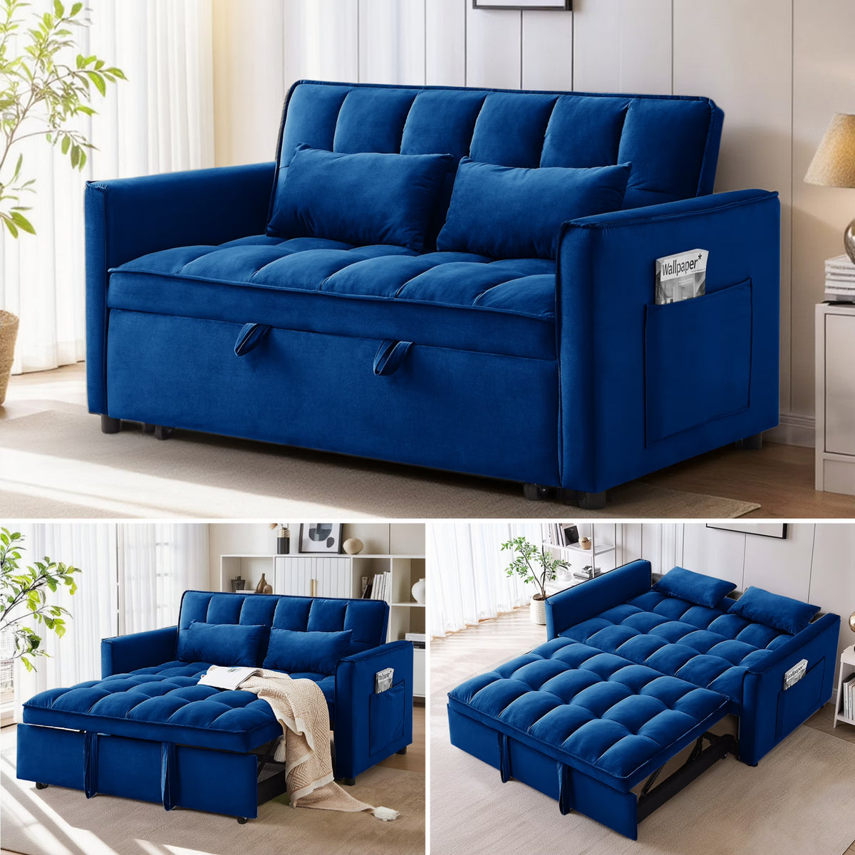 EPOWP Convertible Sofa Bed, 3 in 1 Pull Out Sleeper Loveseat Couch with Storage, Black