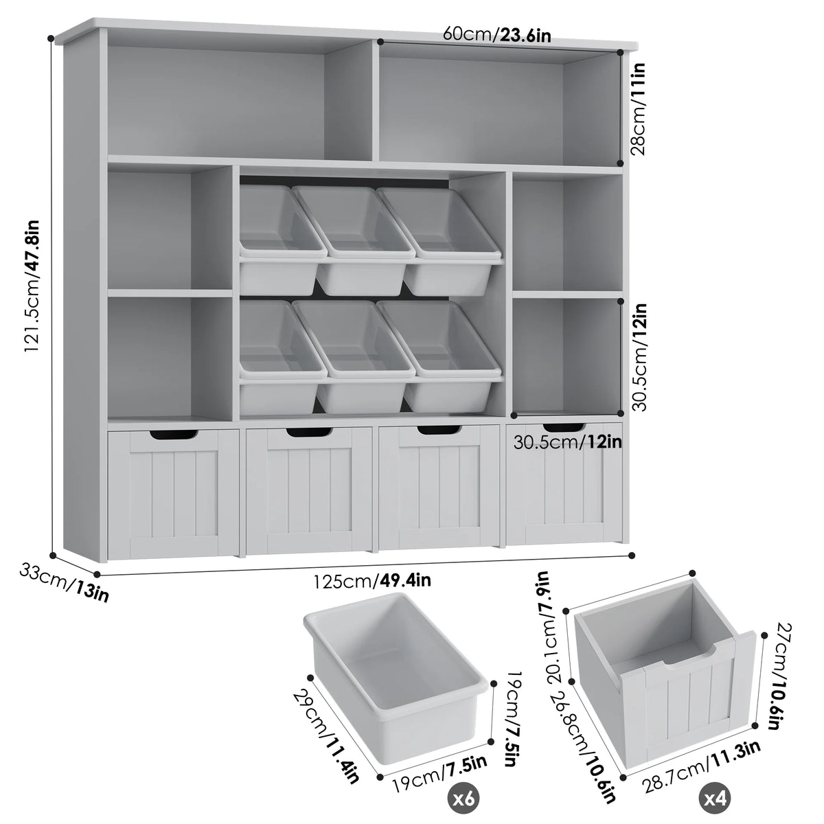 Hiphuta Large 4 Tier Kids Bookcase, Wood Toy Organizer of 6 Boxes & 4 Removable Drawers, Bookshelf for Kids Room, White