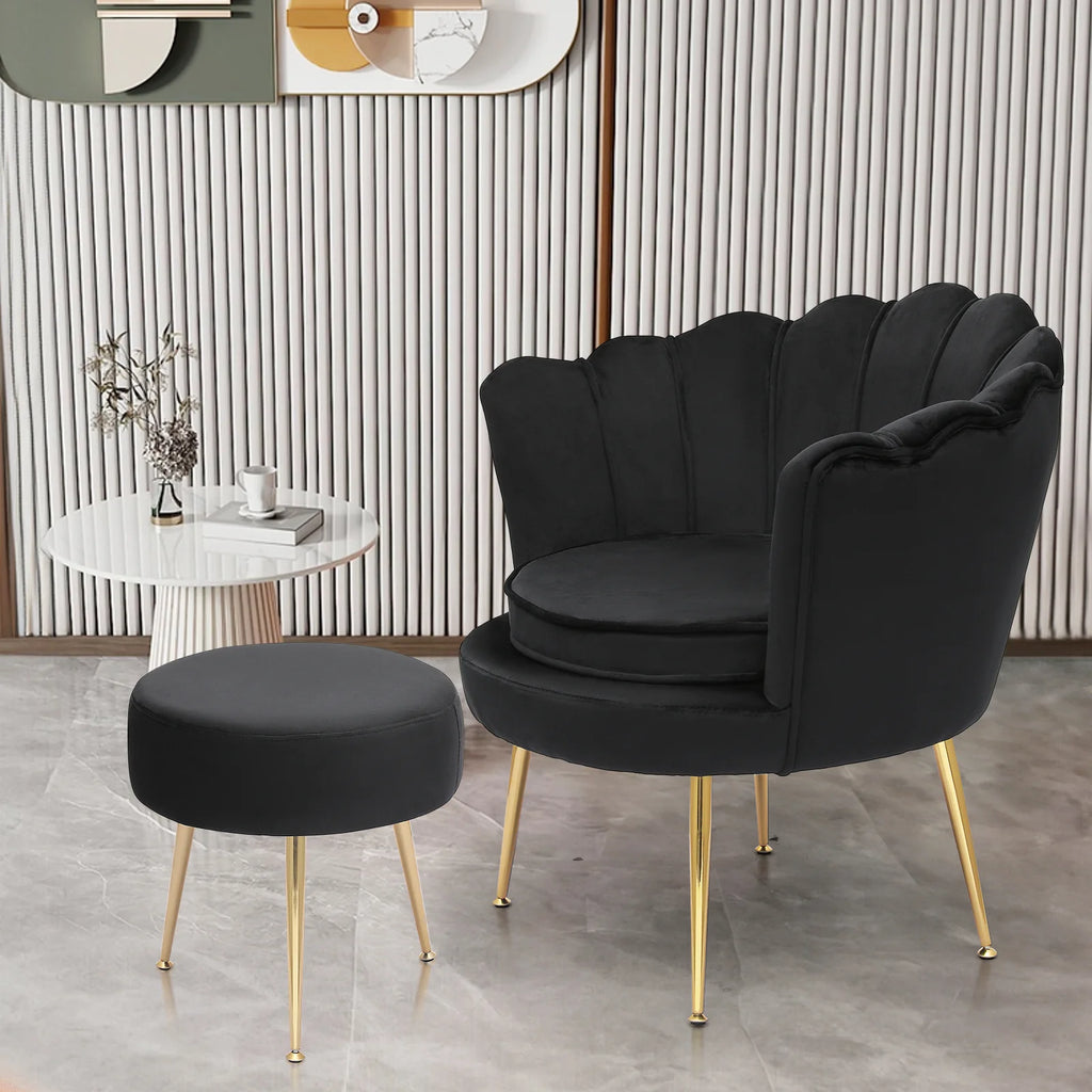 MoNiBloom Set of 2 Velvet Tufted Accent Chair with Pillow and Stool, Upholstered Modern Single Sofa Side Chair with Padded Seat and Golden Metal Legs, Living Room Armchair, Black