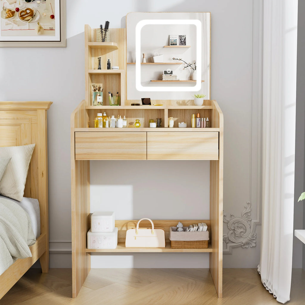 LIVELYGLOW Vanity Desk Set with Square Mirror and Light- Small Vanity Table with Drawers- White