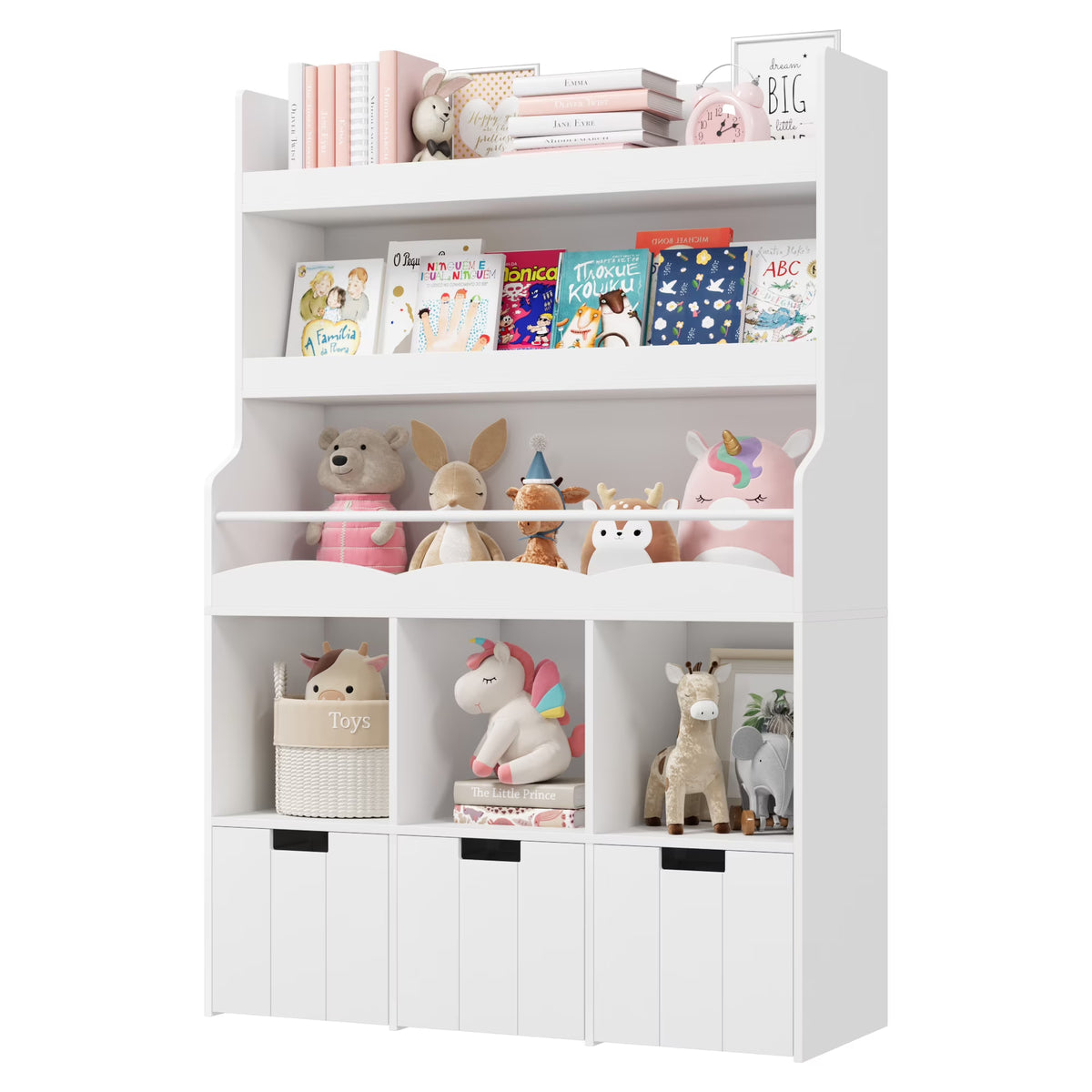 Homfa 55.5 H Kids Bookshelf with 2-Tier Book Shelves, Children Toy Organizer with 3 Cubes and Removable Drawers, White
