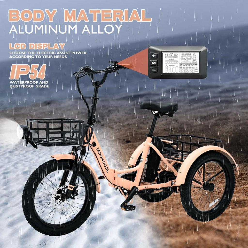 MOONCOOL TK1 Folding Electric Tricycle for Adults,48V 14.5Ah Removable battery, 500W Peak 1000w Motor, 20" Fat Tire Step-Thru 3Wheel Electric Bicycle w/Front&Rear Baskets, Certified to UL 2849 by SGS