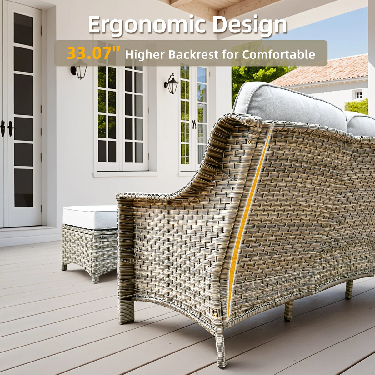 Ovios Outdoor Patio Sofa 3-Seater with Cushions All-Weather Wicker Rattan Couch for Garden, Porch, or Backyard