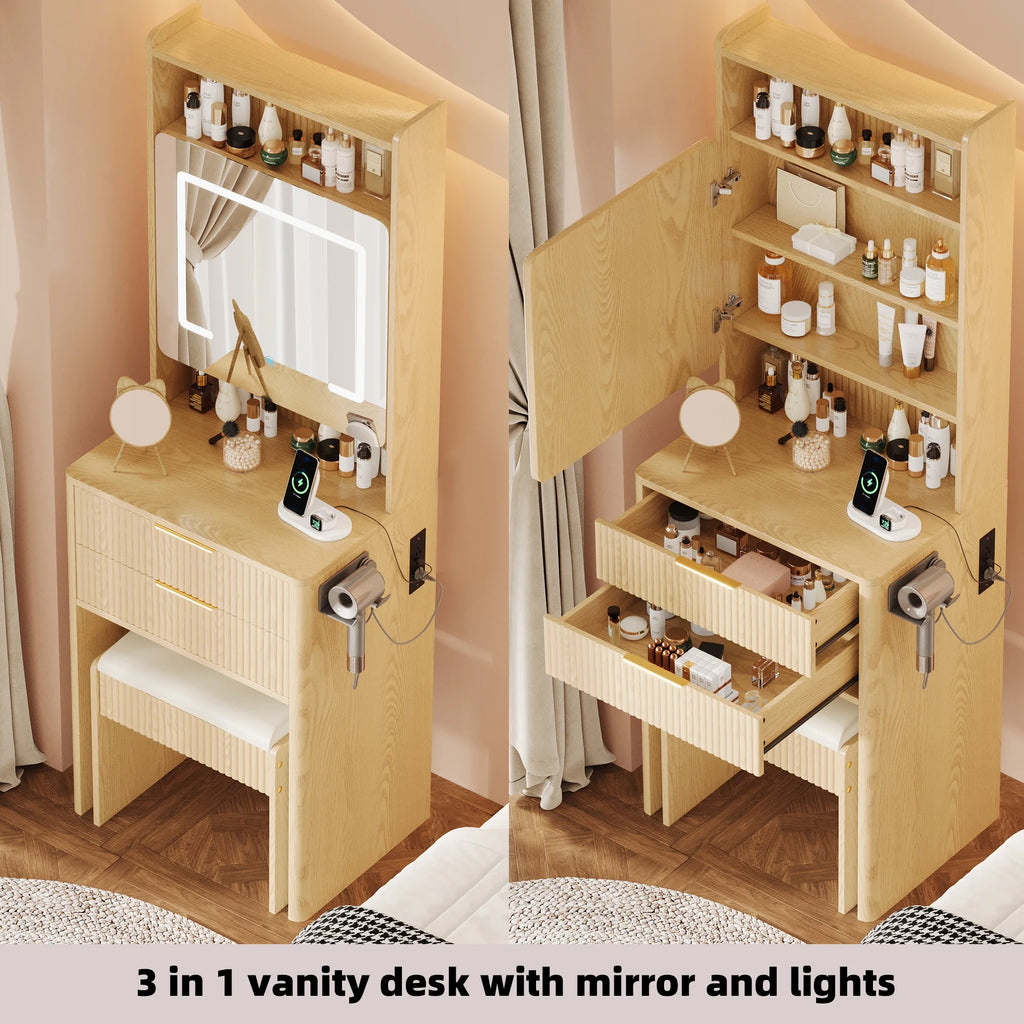 UGTOO 45.2" Modern Vanity Desk with LED Mirror & USB Charging, Wood Makeup Dressing Table with 7 Drawers for Bedroom