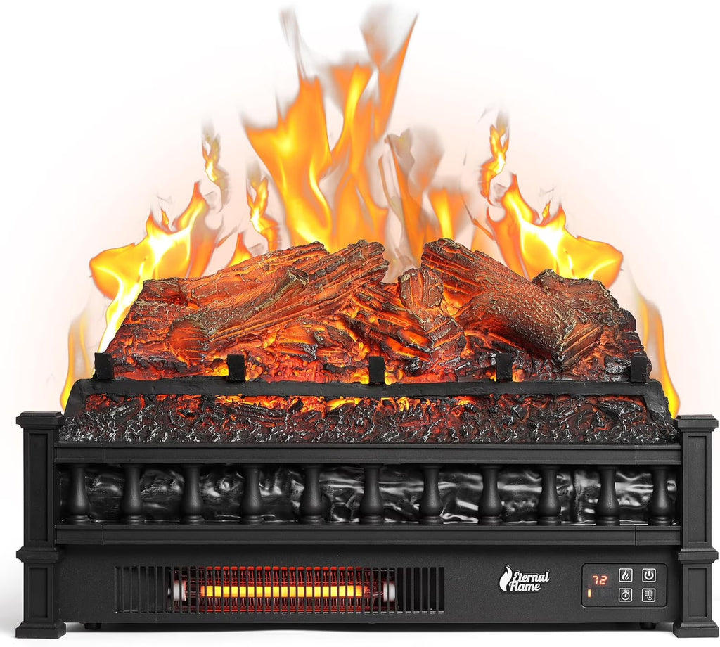 TURBRO Eternal Flame Infrared Electric Fireplace Logs, 23" Remote Control Fireplace Insert Log Heater, Realistic Lemonwood Ember Bed, Thermostat, Timer, 1500W Black