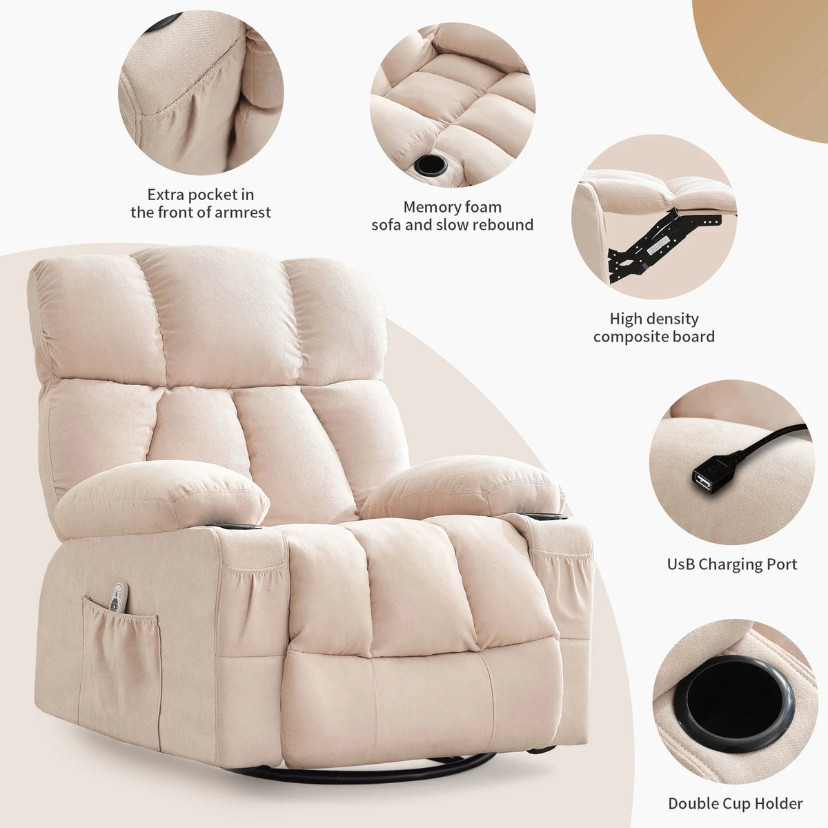 JONPONY Manual Recliner Chair with Heat Therapy and Massage Function, Heavy Duty Reclining Mechanism Massage Chair, Elderly Single Rocker Sofa with Cup Holders for Bedroom Home Theater,Grey