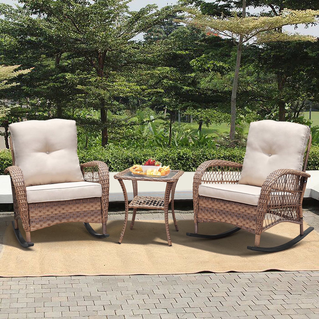 JP Outdoor 3Pcs Outdoor Wicker Rocking Porch Chairs with Coffee Table,Kahki