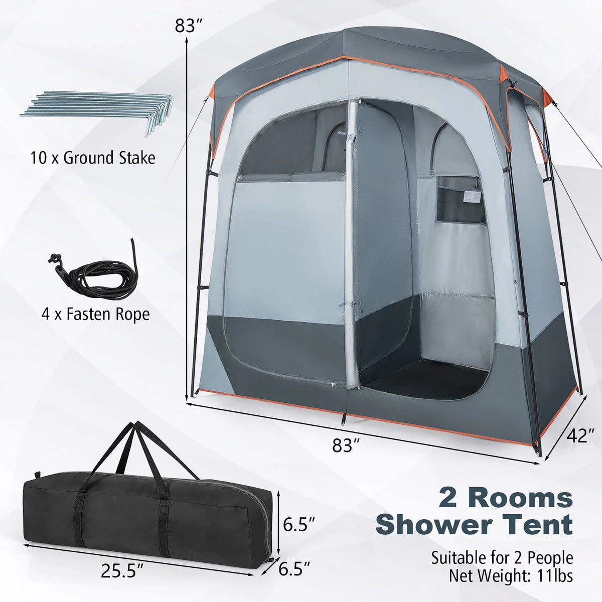 Costway 2 Room Shower Tent Oversize Privacy Shelter Portable Dressing Toilet Outdoor Gray