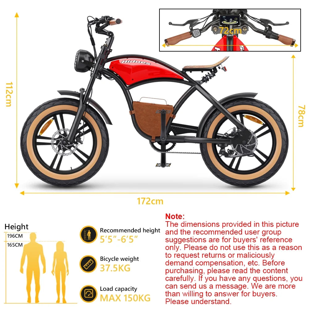 Hidoes B10 Electric Mountain Bike for Men/Woman 1000W Adult Electric Bicycle 20" Fat Tire Off Road E-bike with Removable Battery up to 28 mph,Free Shipping, Red