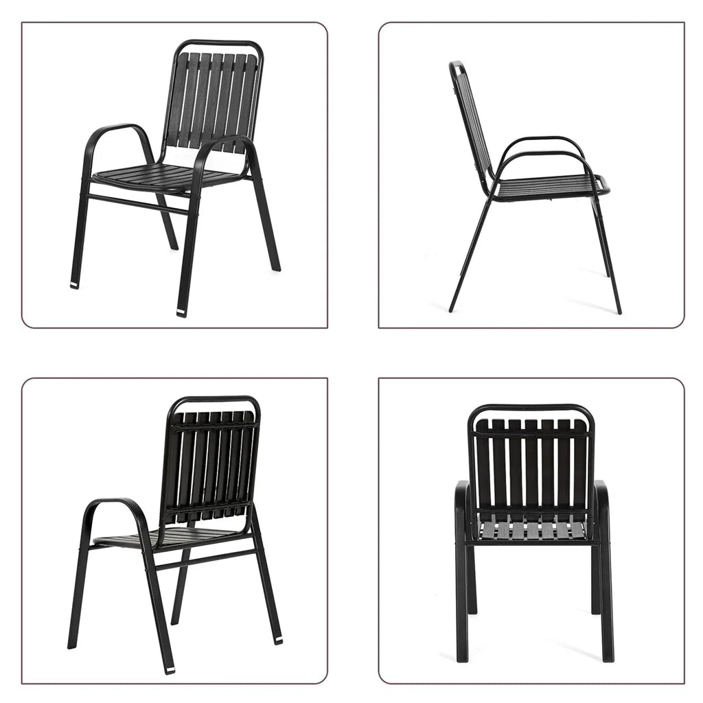 Seizeen Outdoor Dining Set for 6, Plastic Wood Patio Furniture Set with Steel Frame, Space-saving Dining Table and Chairs Stockable Design, All-weather Porch Garden Yard Conversation Furniture, Black