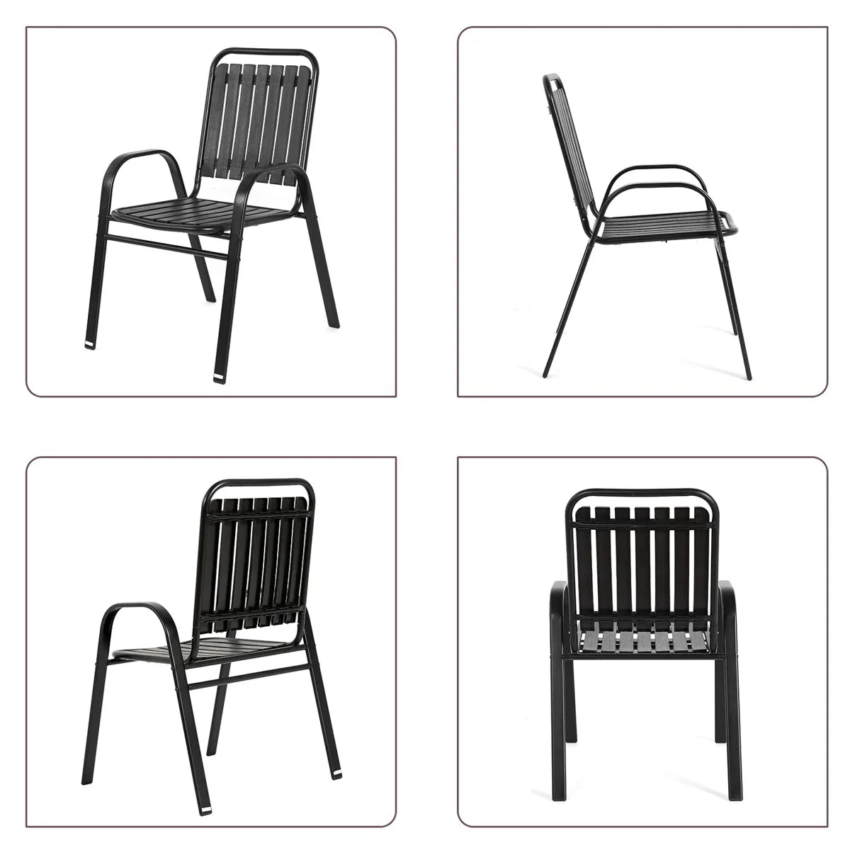 Seizeen Outdoor Dining Set for 6, Plastic Wood Patio Furniture Set with Steel Frame, Space-saving Dining Table and Chairs Stockable Design, All-weather Porch Garden Yard Conversation Furniture, Black