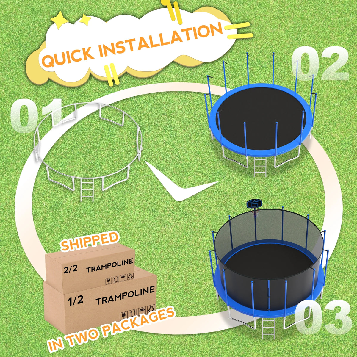 KOFUN Trampoline for Adults and Kids, 16FT 15FT 14FT 12FT 10FT 8FT Trampoline with Basketball Hoop, Enclosure Net, Ladder, Light, Anchor Kits, Heavy Duty Outdoor Backyard Trampolines, Black