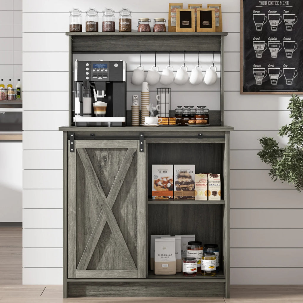 Catrimown Coffee Bar Cabinet, Barn Door Sideboard Buffet Cabinet with Storage, White
