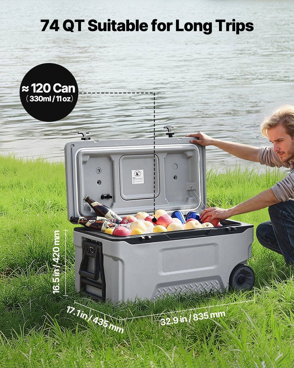 Portable Wheel Cooler 74 quarts, 120 tank capacity, insulated rolling cooler with cup holder for outdoor, camping, beach and picnic use