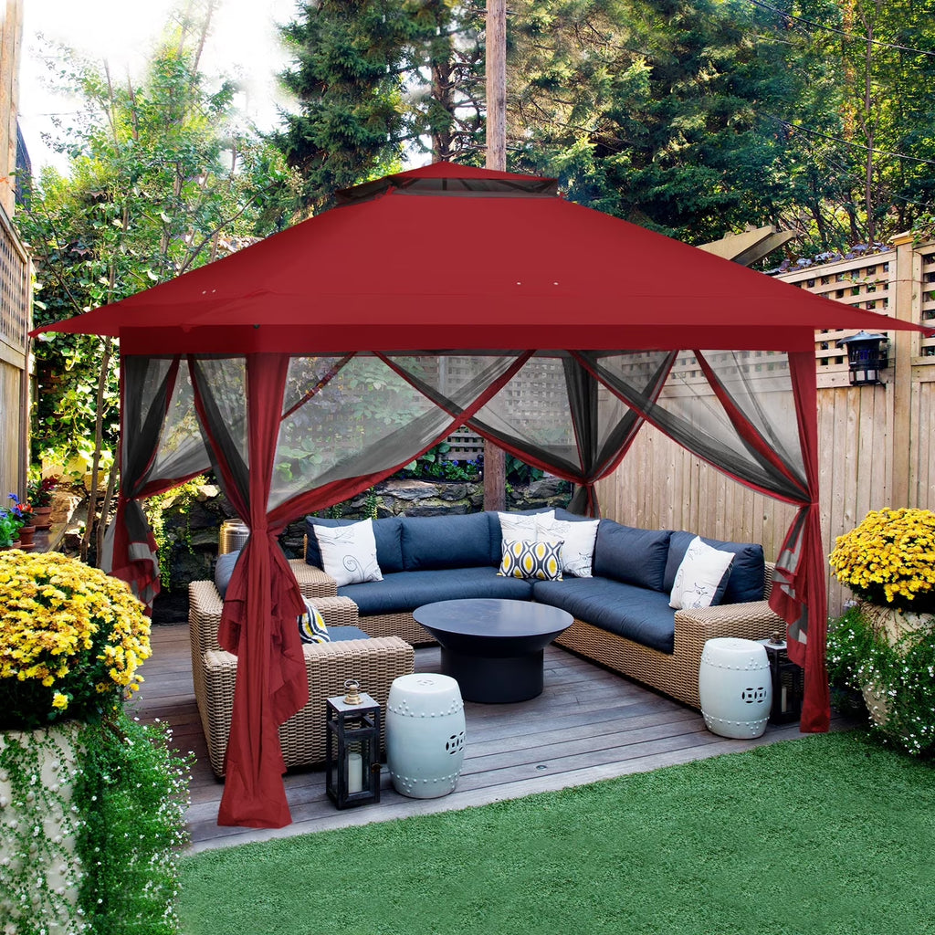 EAGLE PEAK 13' x 13' Pop-Up Gazebo Tent Instant w/Mosquito Netting，Outdoor Gazebo Canopy Easy Set-up Folding Shelter (Beige/Brown)