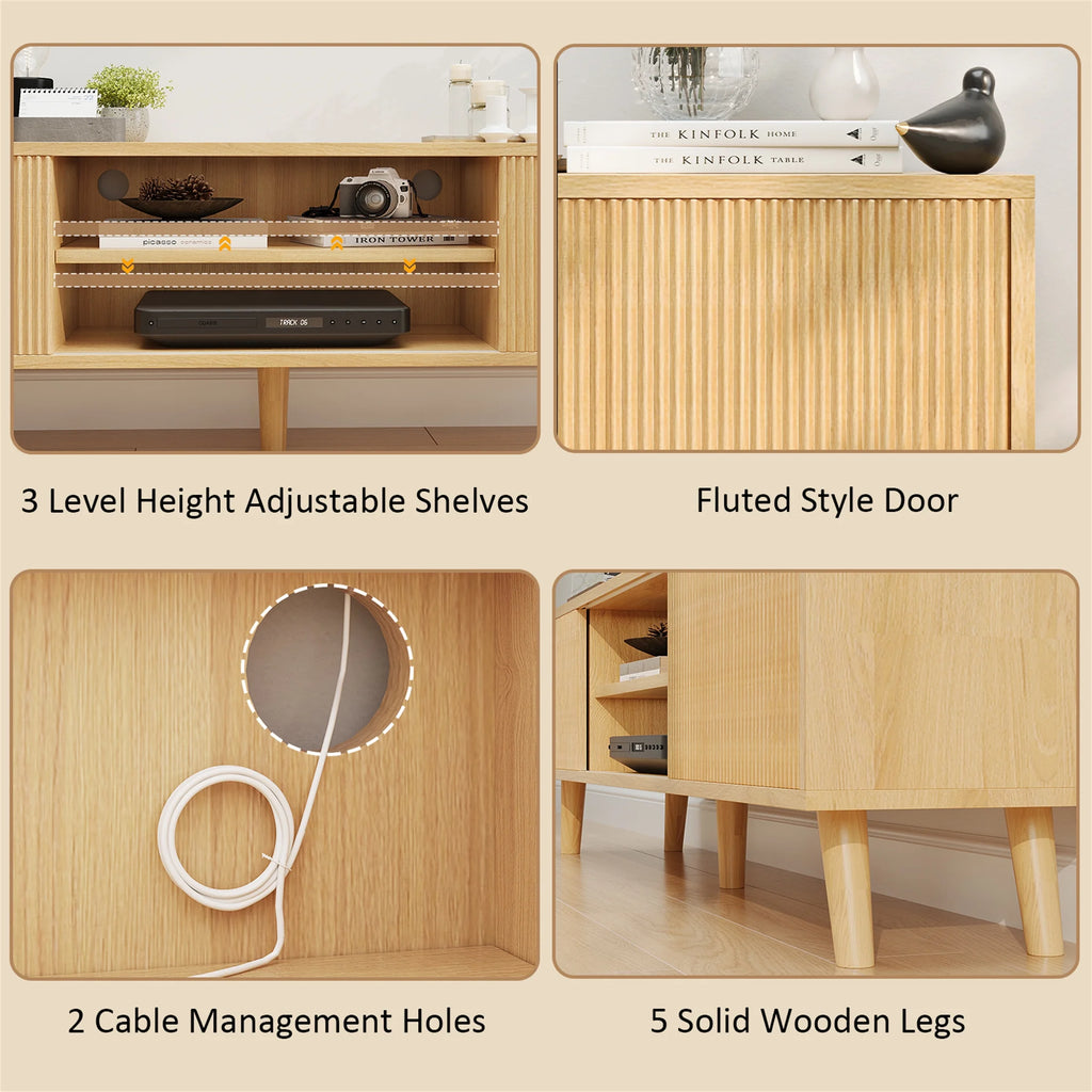 Planntonneo Mid-Century Modern Fluted TV Stand Wooden Media Console Entertainment Center for Living Room, Walnut Color