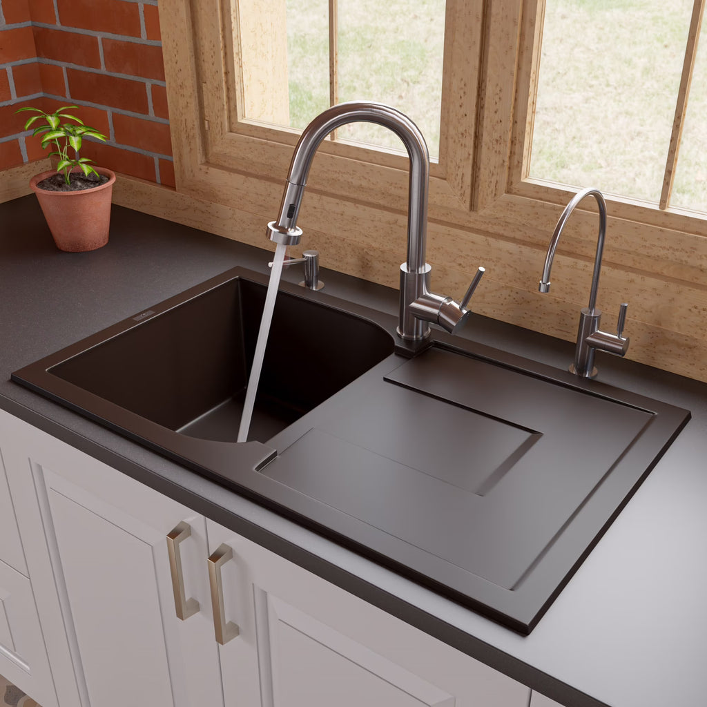 ALFI brand AB1620DI-BLA Black 34" Single Bowl Granite Composite Kitchen Sink with Drainboard