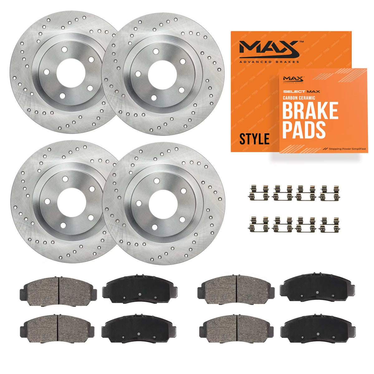 Max Advanced Brakes - Brake Kit for 2018-2020 Chevy Traverse Blazer Buick Enclave FWD 2017-2020 GMC Acadia Front and Rear Replacement Cross Drilled Disc Brake Rotors and Ceramic Brake Pads