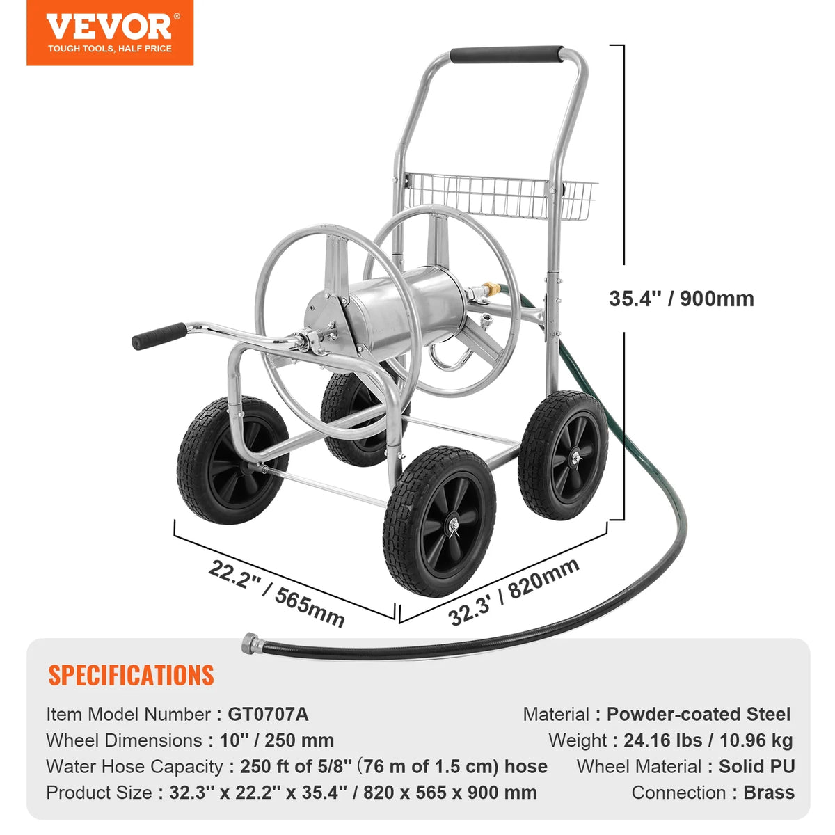 VEVOR Hose Reel Cart, Hold Up to 250 ft of 5/8 Hose, Garden Water Hose Carts Mobile Tools with 4 Wheels, Heavy Duty Powder-coated Steel Outdoor Planting with Storage Basket, for Garden, Yard, Lawn