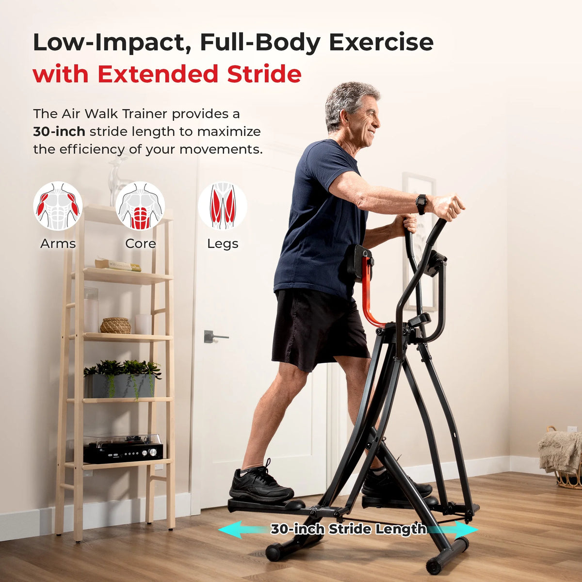 Sunny Health & Fitness Manual Air Walker Elliptical 30 Stride, Low Impact, Lightweight, Quiet with Free SunnyFit App