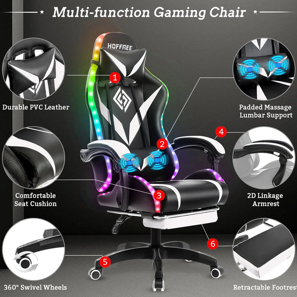 Hoffree Gaming Chair with Speakers PU Leather Office Chair with Footrest and LED Lights Ergonomic Gamer Chair with Massage Lumbar Support and Headrest Adjustable Swivel for Home Office 300lb