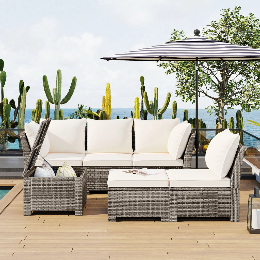 Euroco 6-Piece Outdoor Sofa Set with Storage Box, PE Wicker Seating Set for 5, Beige