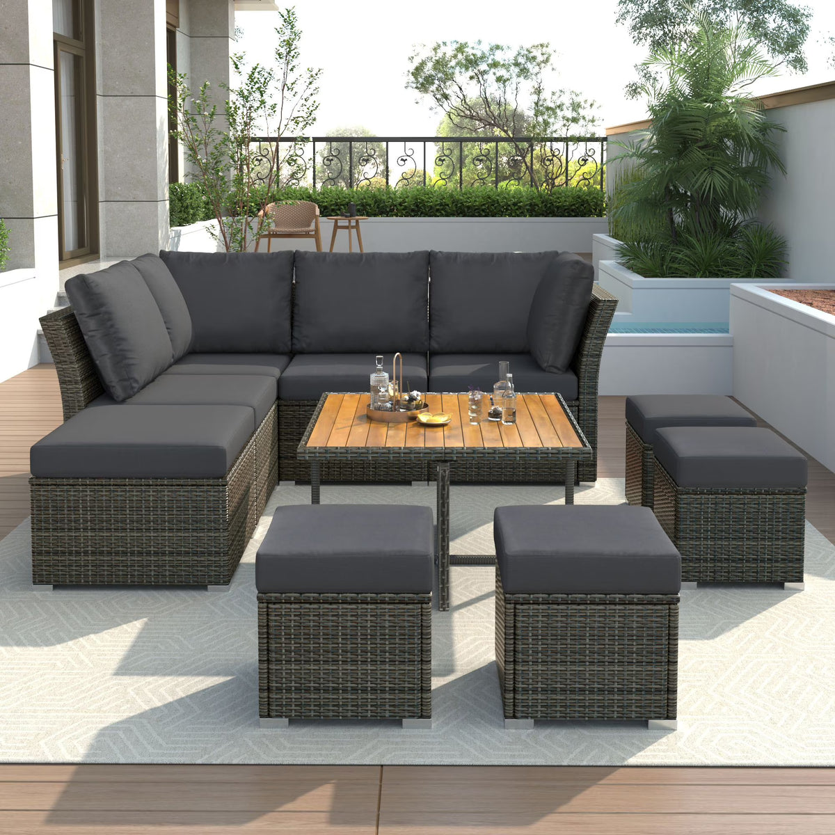 9 Pieces Outdoor Patio Furniture Set Outdoor Sectional Rattan Sofa Set Manual Wicker Patio Conversation Set with Ottomans, Solid Wood Coffee Table for Yard Deck Porch(Grey)