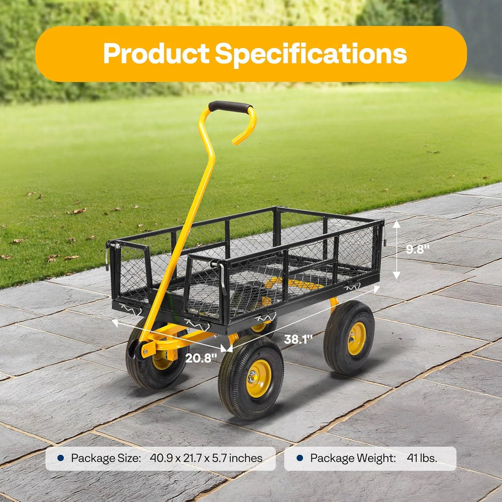 SPECSTAR Mesh Steel Garden Cart 880 lbs Capacity, 38" x 21" Folding Utility Wagon with 10 Inch Wheels