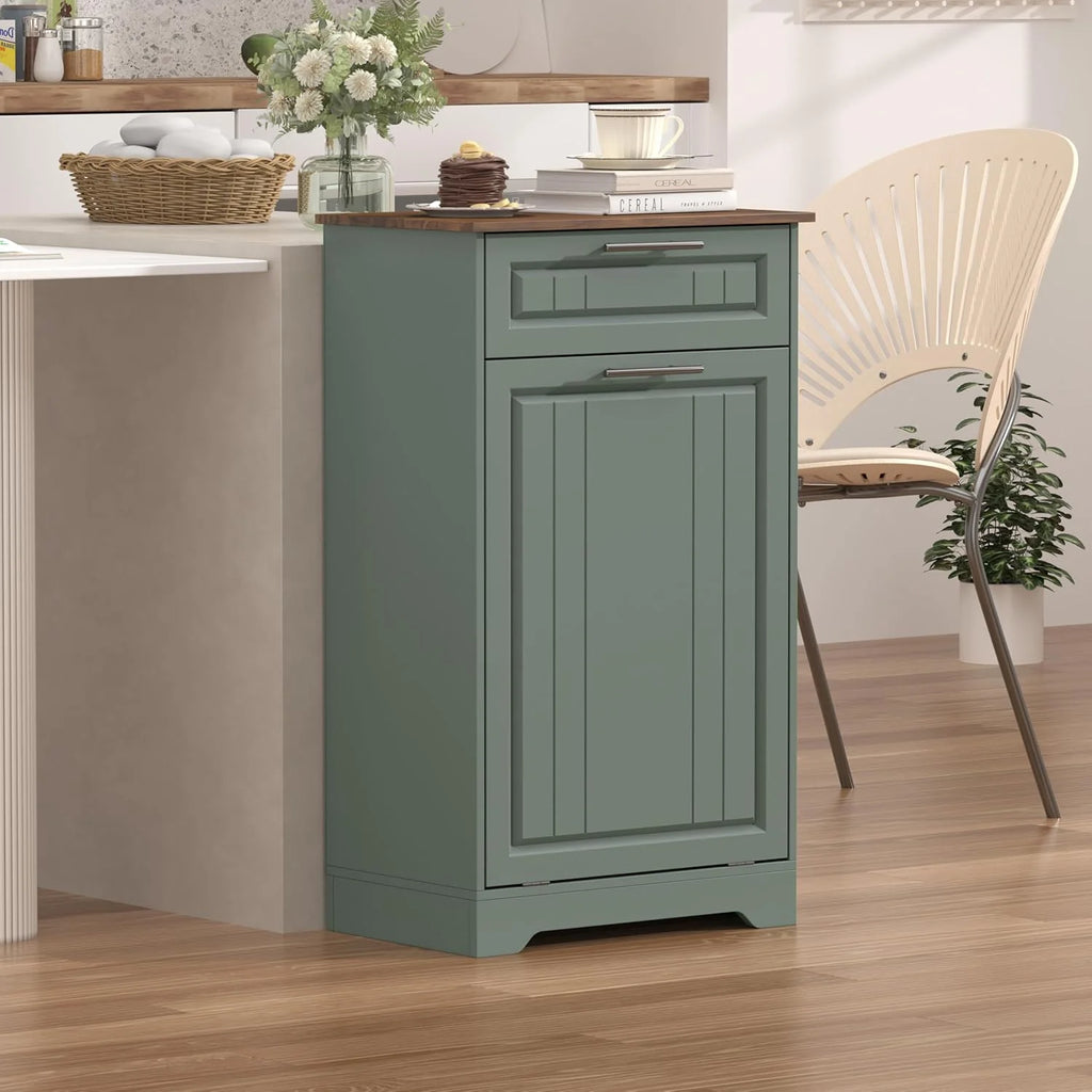 Single 10 Gallon Tilt Out Trash Can Cabinet with Deodorizing Function, Wooden Hidden Garbage Can Holder with Storage Drawers for Kitchen and Dining Room, Laundry Hamper Cabinet for Bathroom, Blue