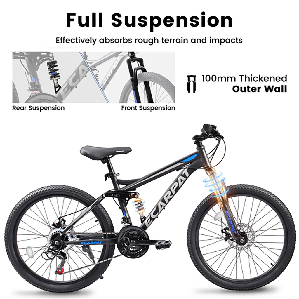 24 Inch Mountain Bike for Teenagers, High Carbon Steel Frame, Dual Full Suspension Mountain Bike, Mountain Tire, 21 Speed Mens Womens Outdoor Cycling, Birthday Gifts