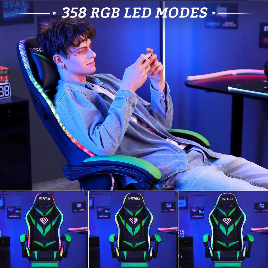 Hoffree Gaming Chair with Speakers PU Leather Office Chair with Footrest and LED Lights Ergonomic Gamer Chair with Massage Lumbar Support and Headrest Adjustable Swivel for Home Office 300lb