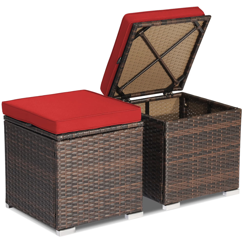 Costway 2PC Patio Rattan Ottoman Seat Side Table Storage Box Footrest Off White