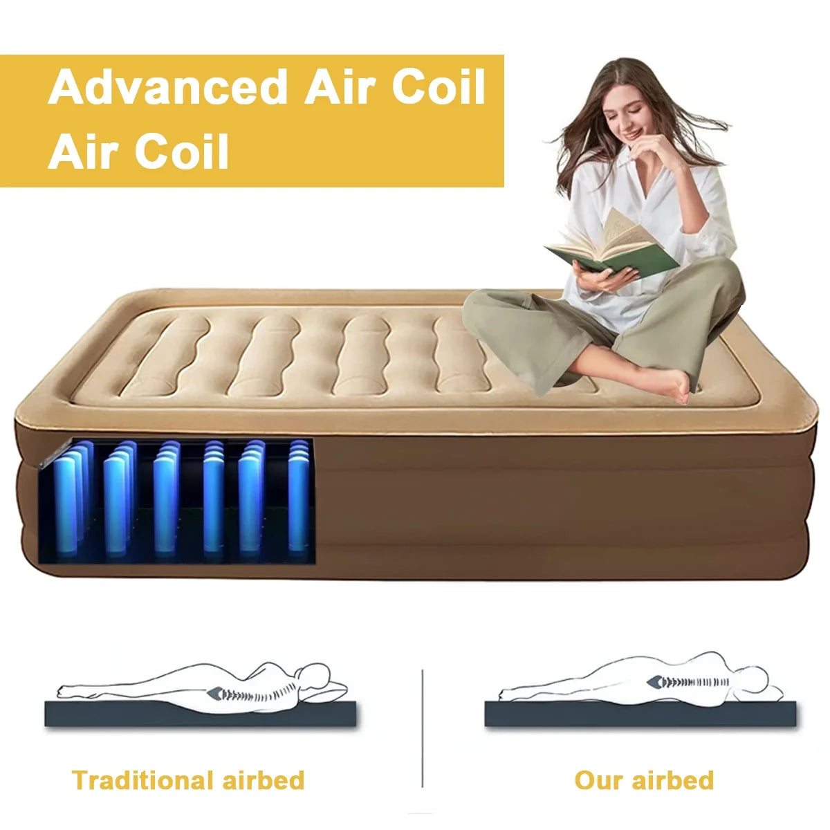 OUYI Inflatable Bed Double Leak-proof mattress with Electric Pump & Pillows Removable Backrest Multifunctional Foldable Air Sofa Guest Bed, 600lb Max(White, Queen Size)