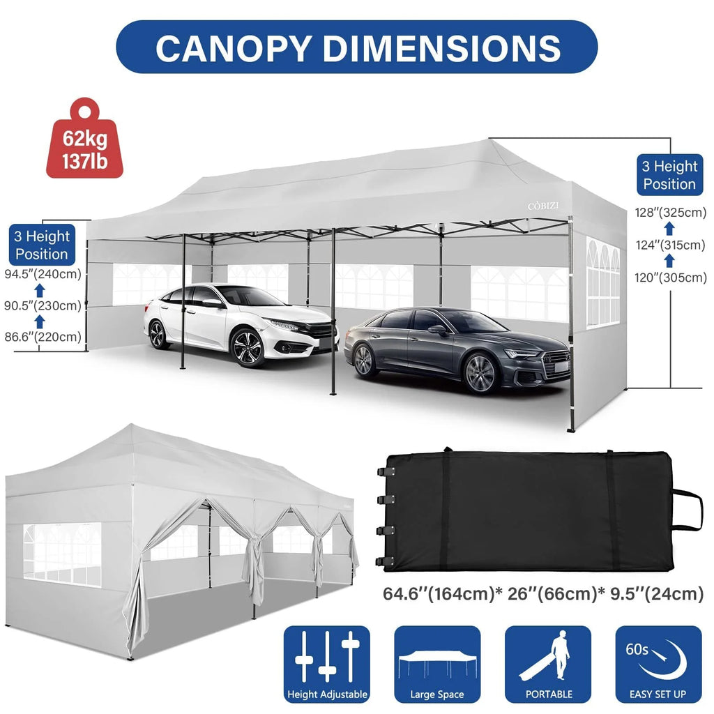 HOTEEL 10'x30' Canopy Heavy Duty Pop Up Canopy Tent Outdoor Gazebo Shelter Waterproof Instant Commercial Tent with 8 Removable Sidewalls & 8 Sandbags & Roller Bag,White