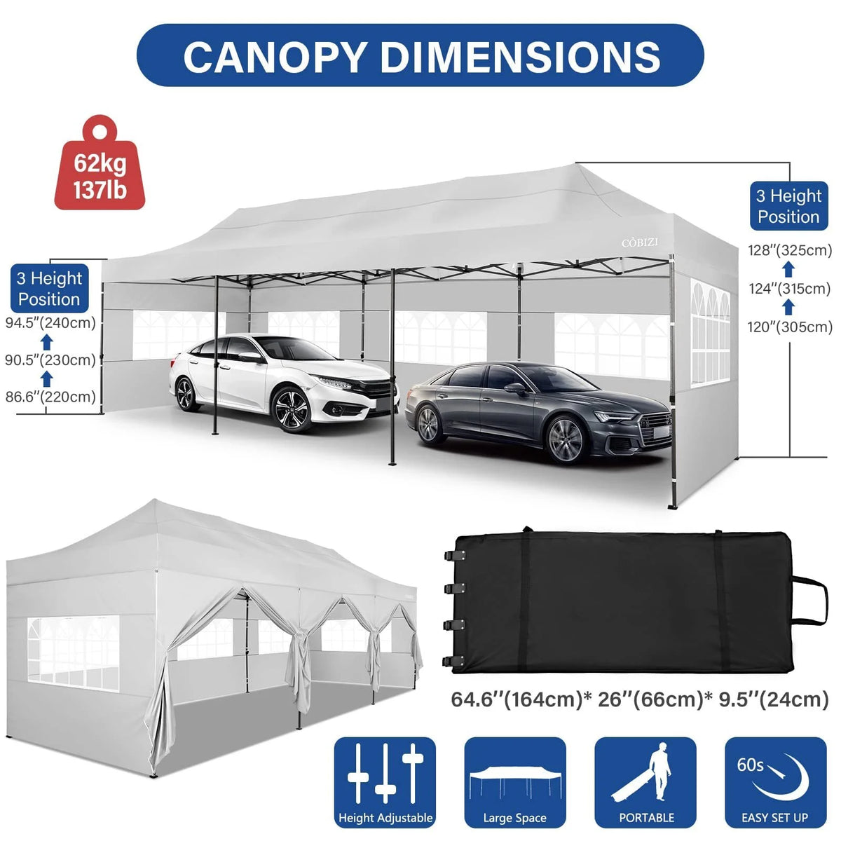 HOTEEL 10'x30' Canopy Heavy Duty Pop Up Canopy Tent Outdoor Gazebo Shelter Waterproof Instant Commercial Tent with 8 Removable Sidewalls & 8 Sandbags & Roller Bag,White