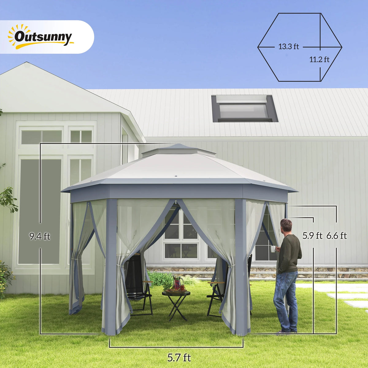 Outsunny 13' x 13' Pop Up Gazebo Hexagonal Canopy with 6 Zippered Mesh Netting, 2-Tier Roof Event Tent with Steel Frame for Patio Backyard, Gray