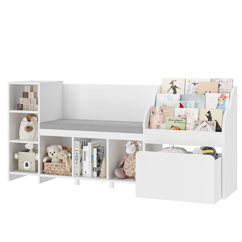Homfa Kids Bookshelf with Reading Nook, 6 Shelf Bookcase with 1 Wood Toy Bin with 3 Tier Book Rack for Children Kidsroom
