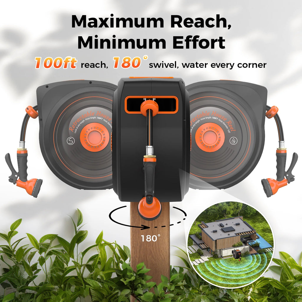 Retractable Garden Hose Reel 1/2 in x 100 ft, Auto-Rewind & Any Length Lock, 180 Swivel Heavy Duty Hose Reel Wall Mount for Outside, 10 Spray Patterns, UV-Resistant