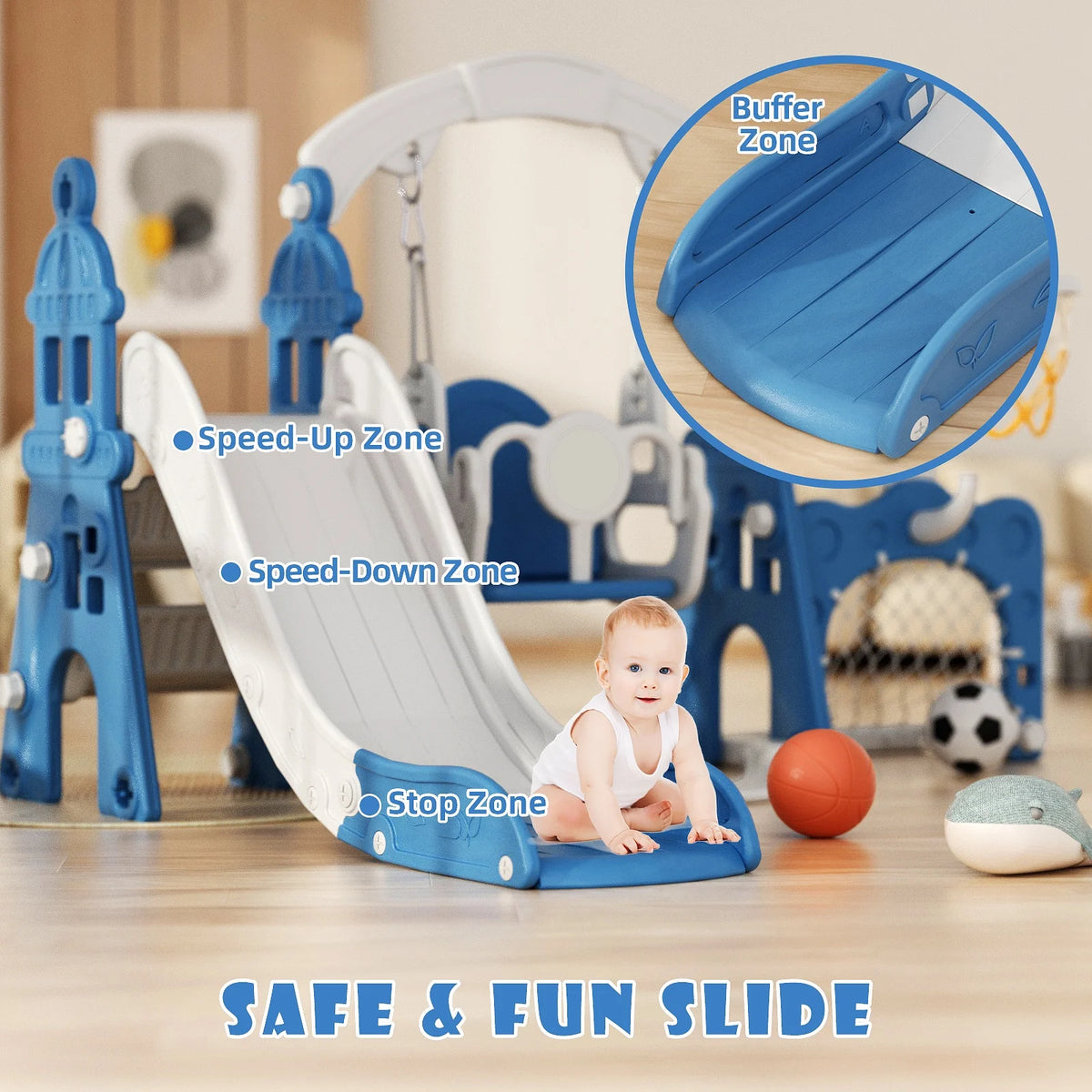 KORIMEFA 6-in-1 Kids Slide and Swing Set - Perfect for Toddlers 1-6 Years - Indoor and Outdoor Playground Slide, Swing, Basketball Hoop, and Climber Toy