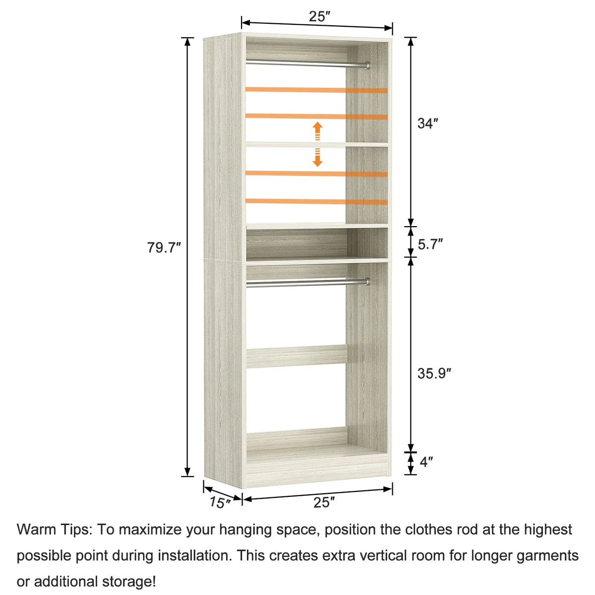 Homieasy 25 Closet System, Freestanding Closet Organizer Wardrobe with Hanging Rods and Shelves, Adjustable Clothes Garment Rack, Sturdy Walk in Closet Tower, White