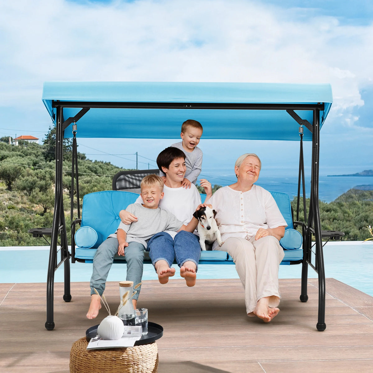 Homrest 3 Seat Outdoor Porch Swing with Adjustable Canopy, Cushions, and Cup Holder - Wine Red