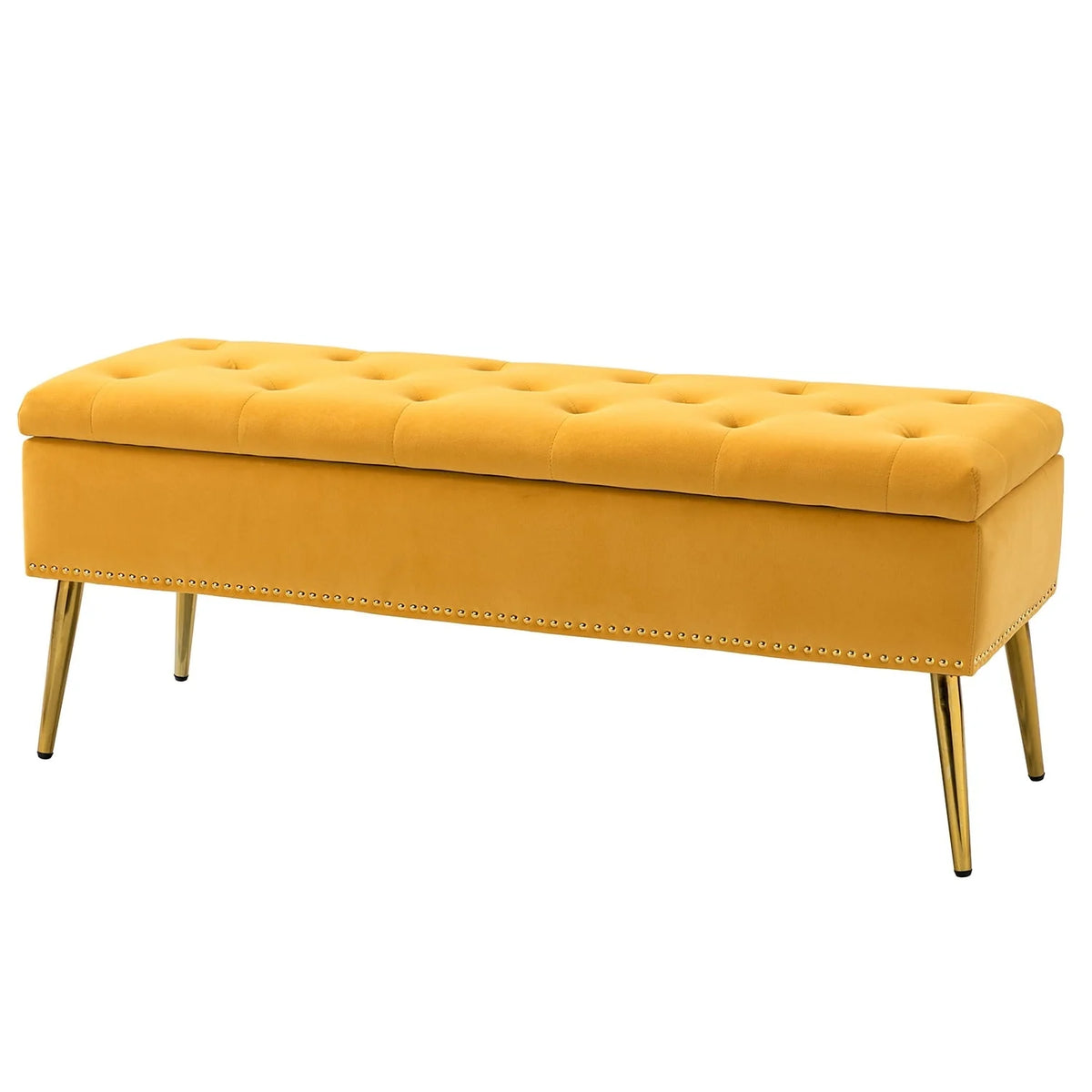 14 Karat Home Velvet Storage Ottoman Bench Gold Leg Upholstered Nailhead Trim Button Tufted Footstool Entryway Bedroom Living Room Pink