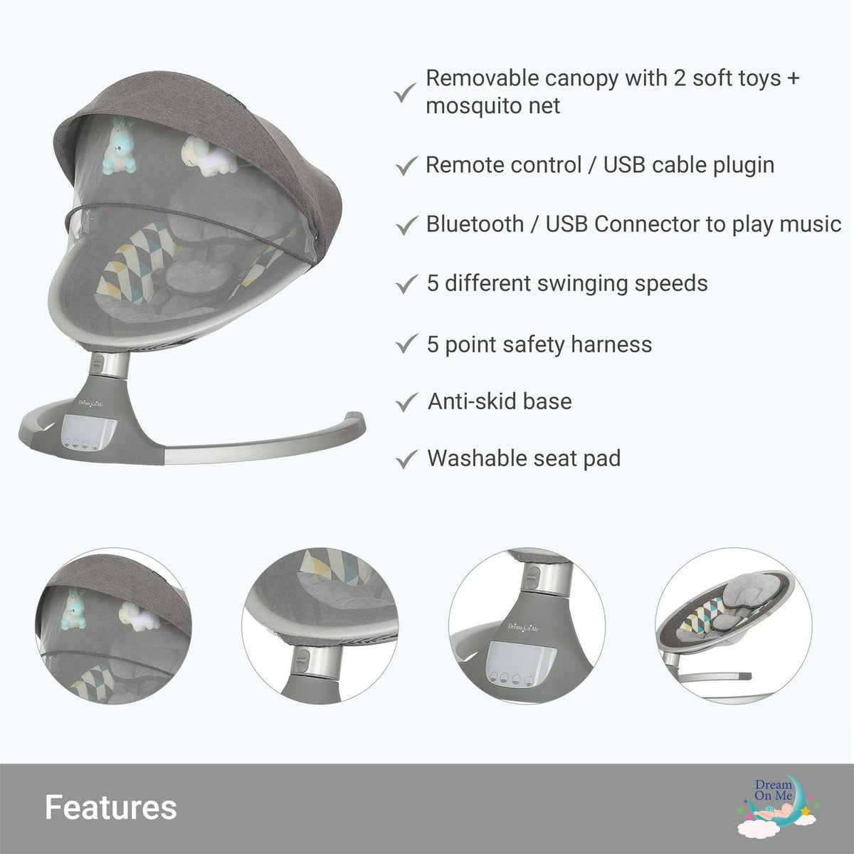 Dream On Me Zazu Baby Swing. Baby Swing for Infant. 5 - Swinging Speed. Two Attached Toys. Bluetooth Enabled and Remote Control. Grey and Blue
